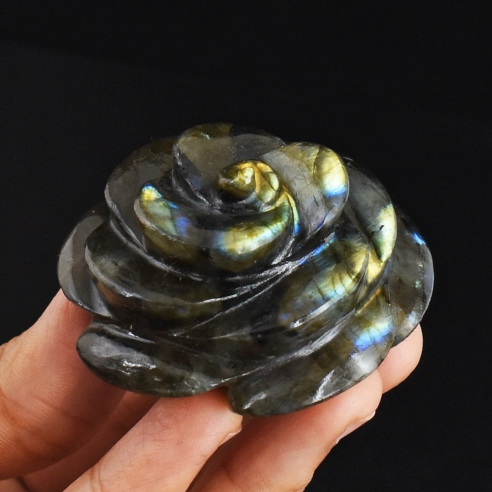 Genuine 413.00 Cts Amazing Flash Labradorite Carved Rose